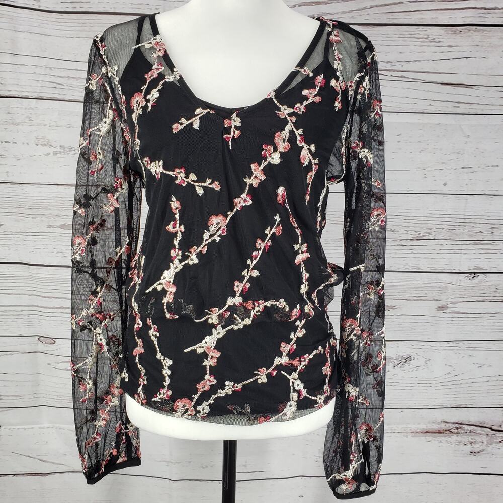 White House Black Market Floral Embroidered Sheer Top Size M